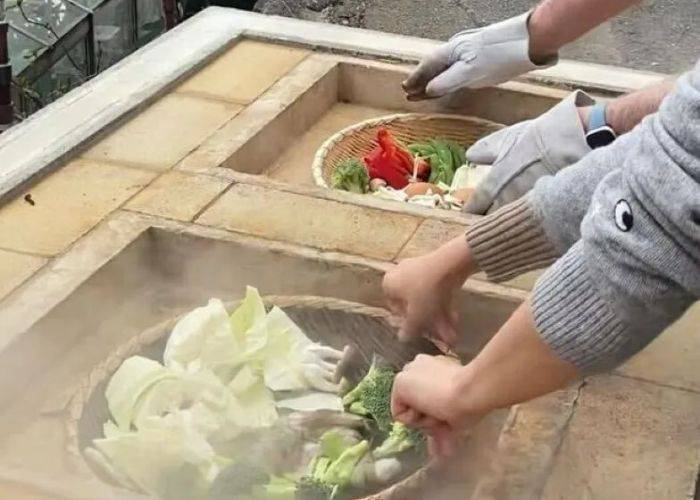 The specialty of jigokumushi cooking at Kannawa onsen, steaming fresh veggies over the natural hot springs.